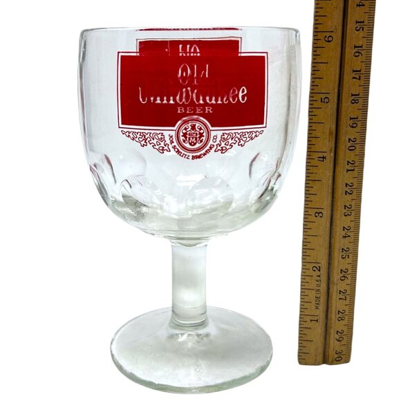 Vtg Old Milwaukee Beer Thumb Print Goblet Red Logo 16 Oz Jos. Schlitz Brewing Co - Picture 3 of 10